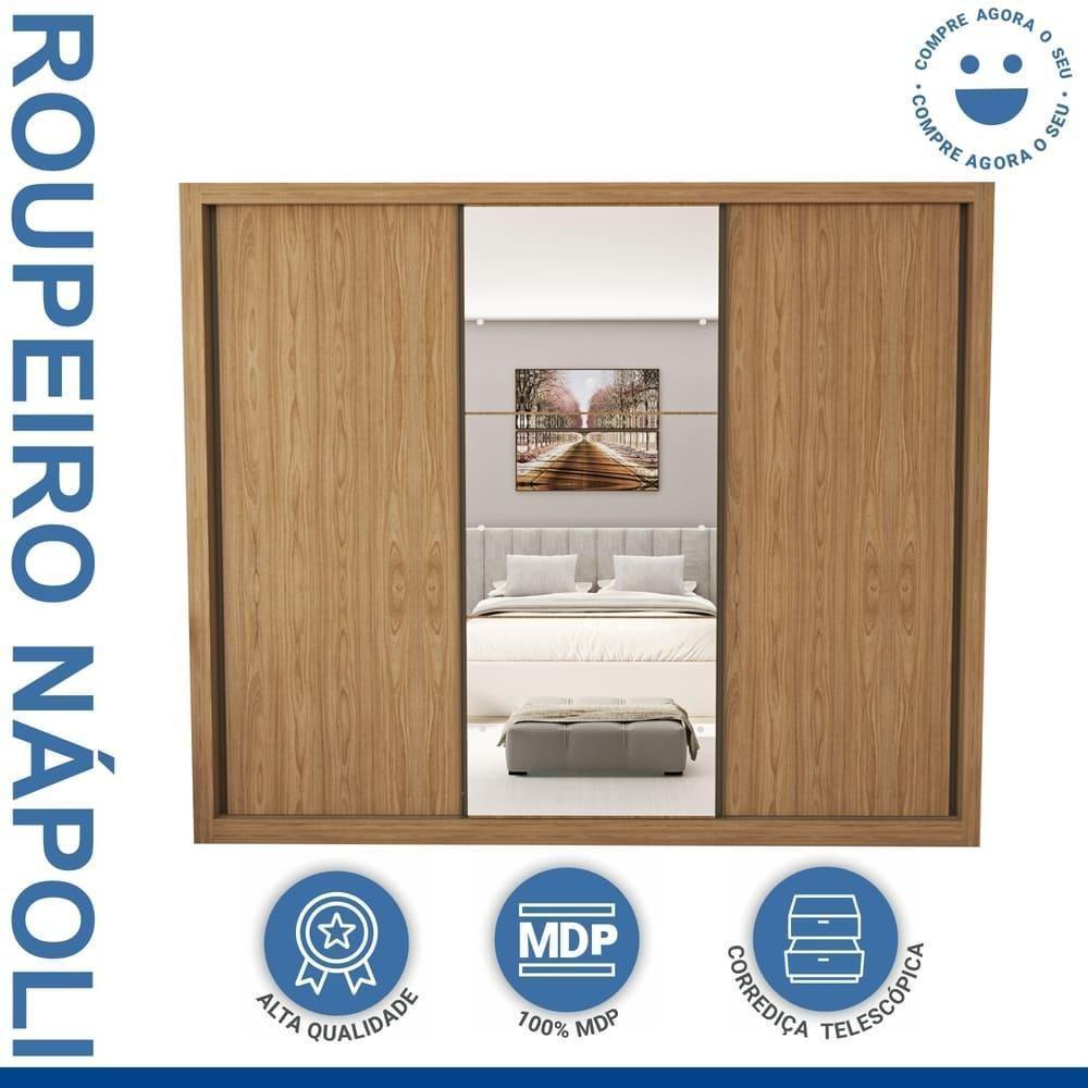 Guarda Roupa 3 Portas De Correr Com Espelho Central 6 Gavetas Nápoli Minastex Carvalho - 10
