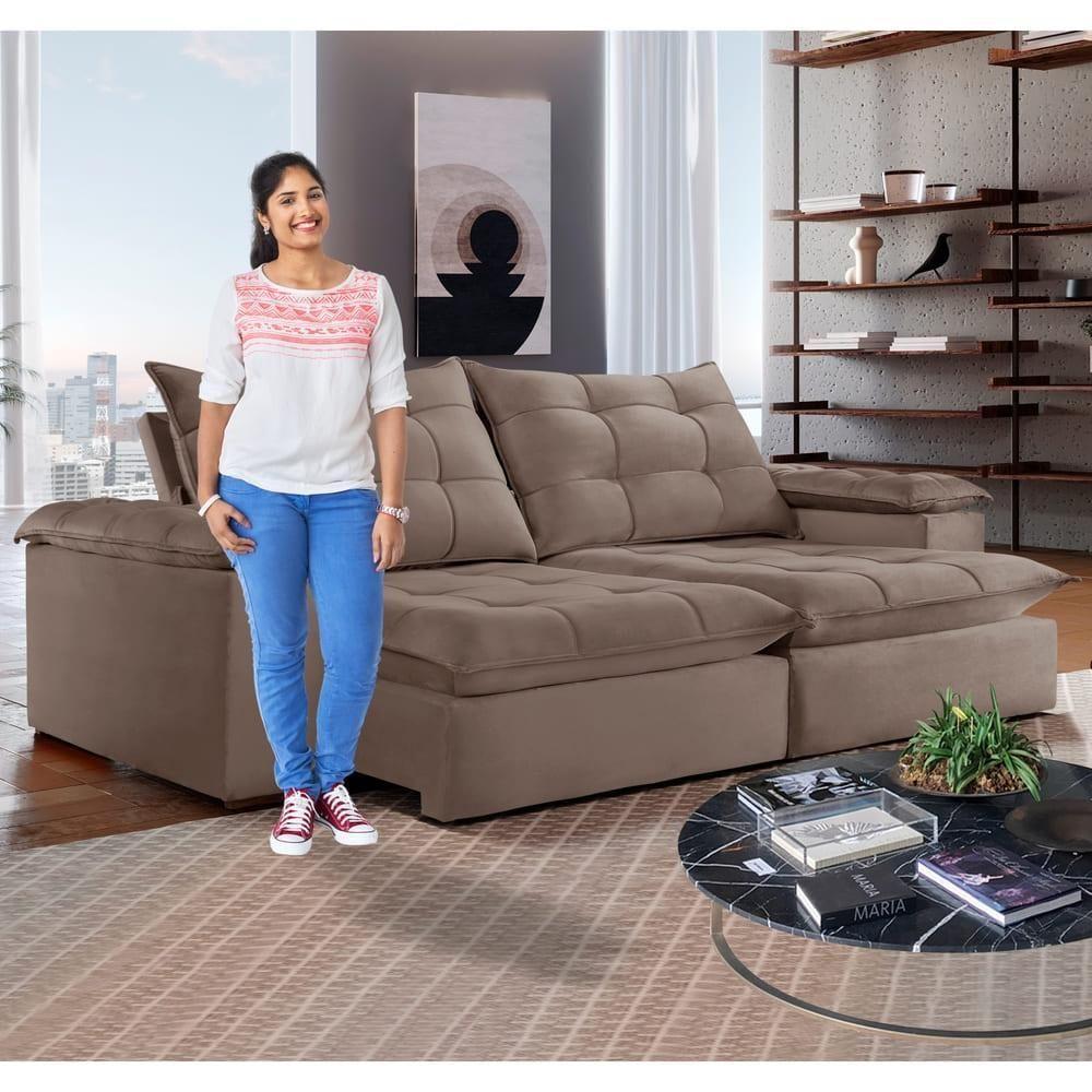 Sofá Retrátil E Reclinável Espanha Veludo Bege Escuro 2,50m - 8