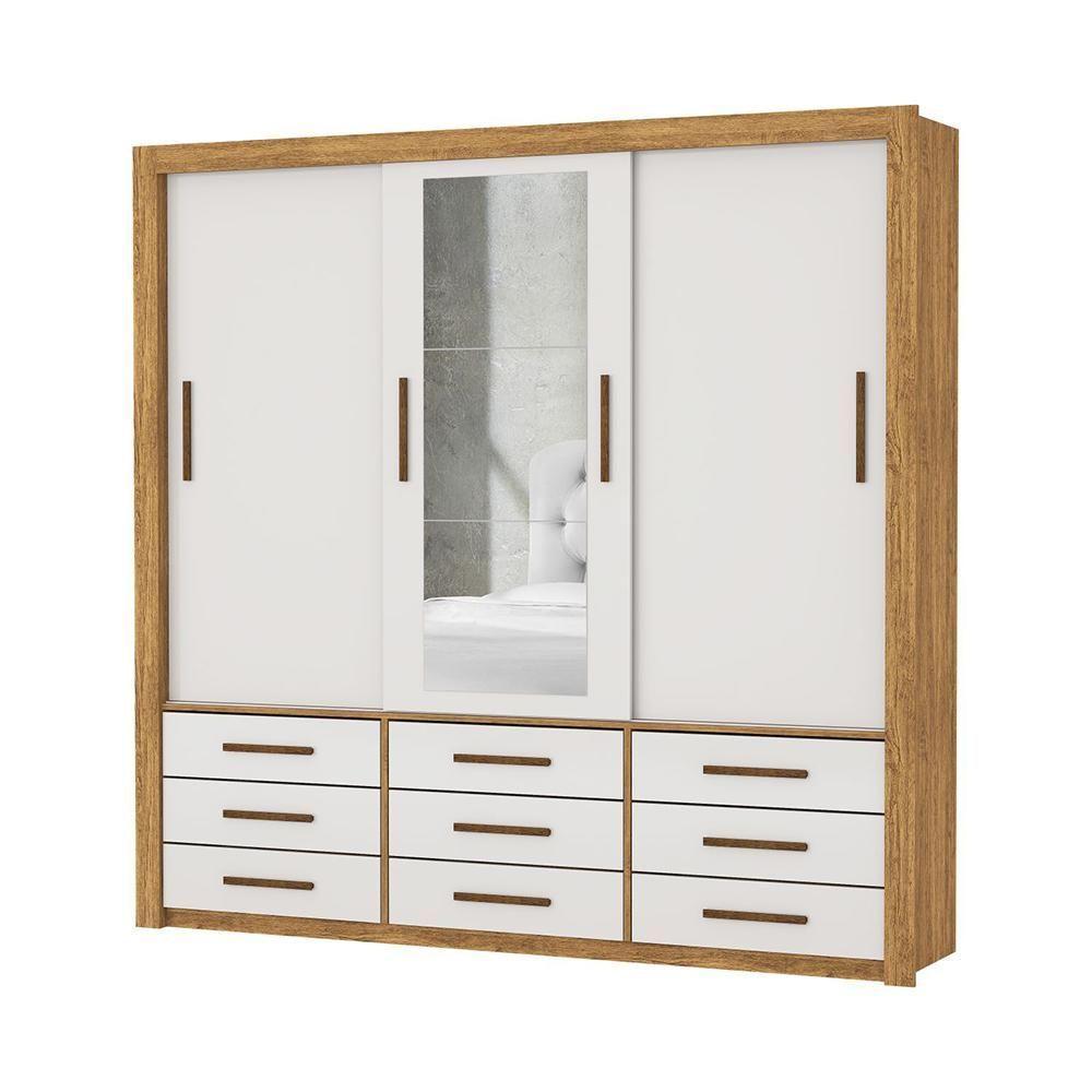 Guarda Roupa Roupeiro Anjos 3 Portas De Correr Com Espelho Central 9 Gavetas Carioca Cinamomo Off White - 1