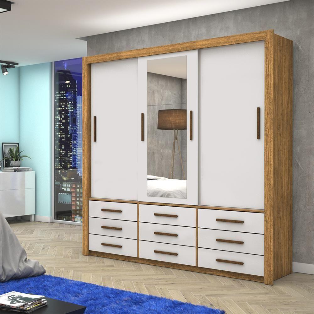 Guarda Roupa Roupeiro Anjos 3 Portas De Correr Com Espelho Central 9 Gavetas Carioca Cinamomo Off White - 2