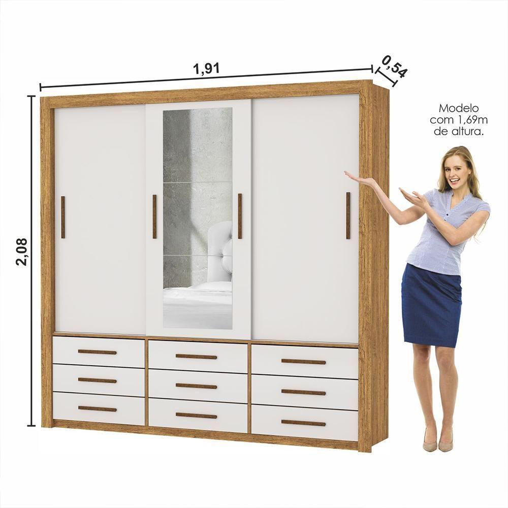 Guarda Roupa Roupeiro Anjos 3 Portas De Correr Com Espelho Central 9 Gavetas Carioca Cinamomo Off White - 3