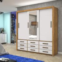 Guarda Roupa Roupeiro Anjos 3 Portas De Correr Com Espelho Central 9 Gavetas Carioca Cinamomo Off White - 2