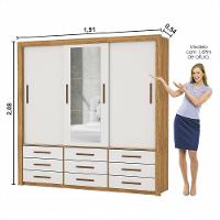 Guarda Roupa Roupeiro Anjos 3 Portas De Correr Com Espelho Central 9 Gavetas Carioca Cinamomo Off White - 3