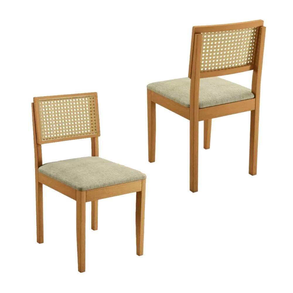 Conjunto 2 Cadeiras De Jantar Jade 03 Em Madeira Maciça Jcm E Encosto Rattan E Linho Bege - 1