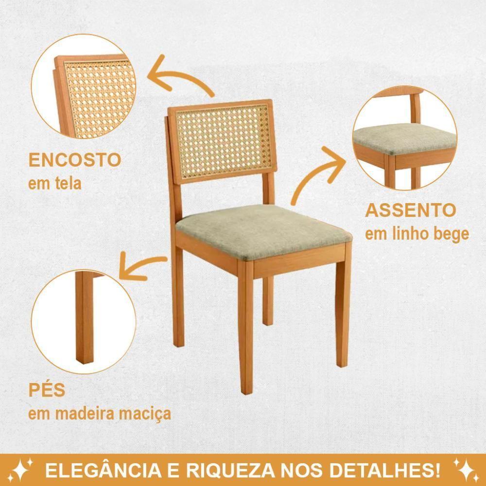 Conjunto 2 Cadeiras De Jantar Jade 03 Em Madeira Maciça Jcm E Encosto Rattan E Linho Bege - 4
