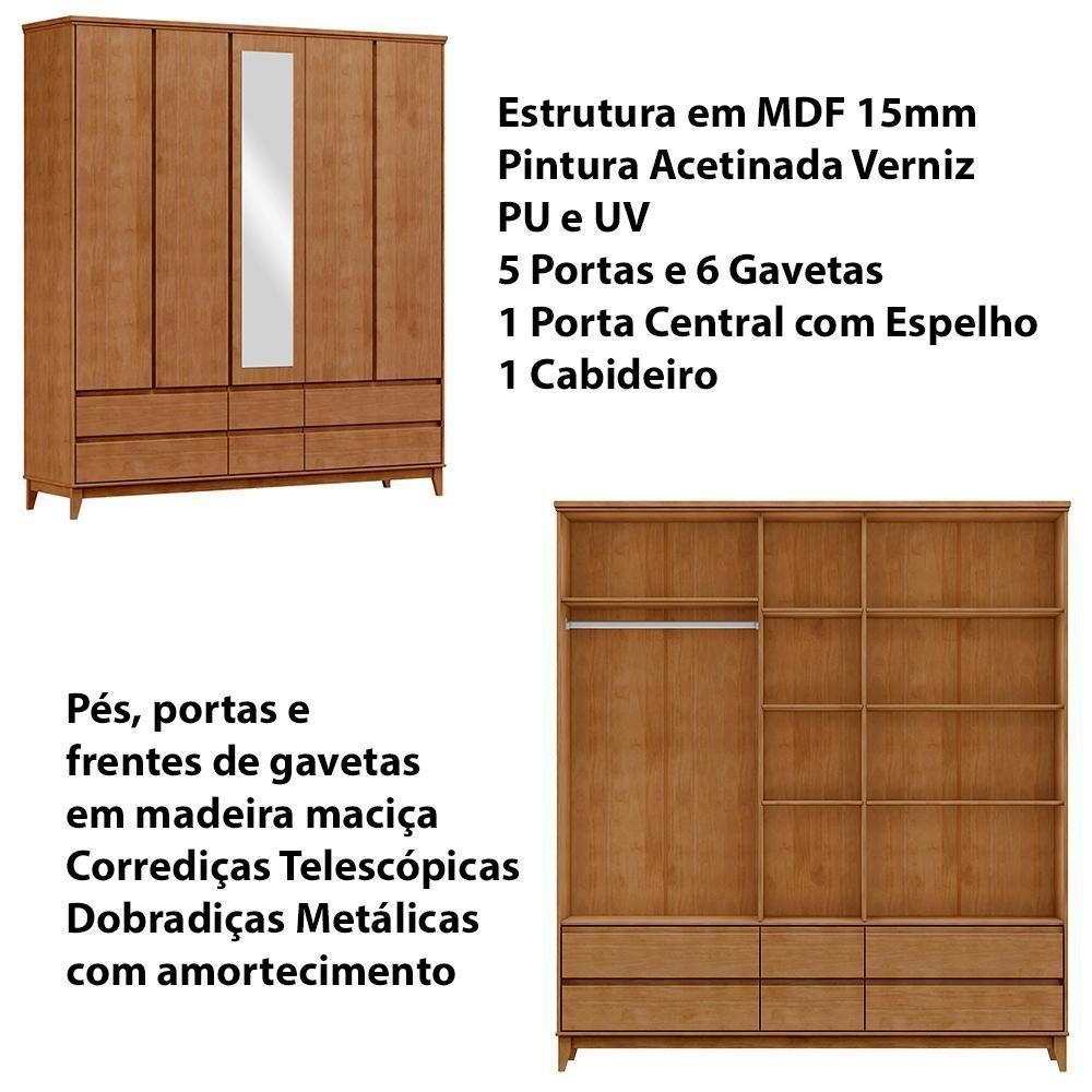 Guarda Roupa 5 Portas 6 Gavetas Espelho Mdf 200 Cm 2814 Freijo Milani Store - 2