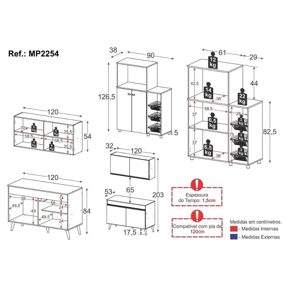 Armário De Cozinha Compacta Com Gabinete Pia E Balcão Para Forno E Micro-ondas Multimóveis Mp2254 Branco - 5