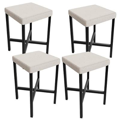 Kit 4 Banquetas Stella Assento em Linho Base em Aço Fixa com Encosto Baixo Branco