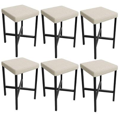 Kit 06 Banquetas Stella Assento em Linho Estrutura em Aço Fixa para Cozinha Bege