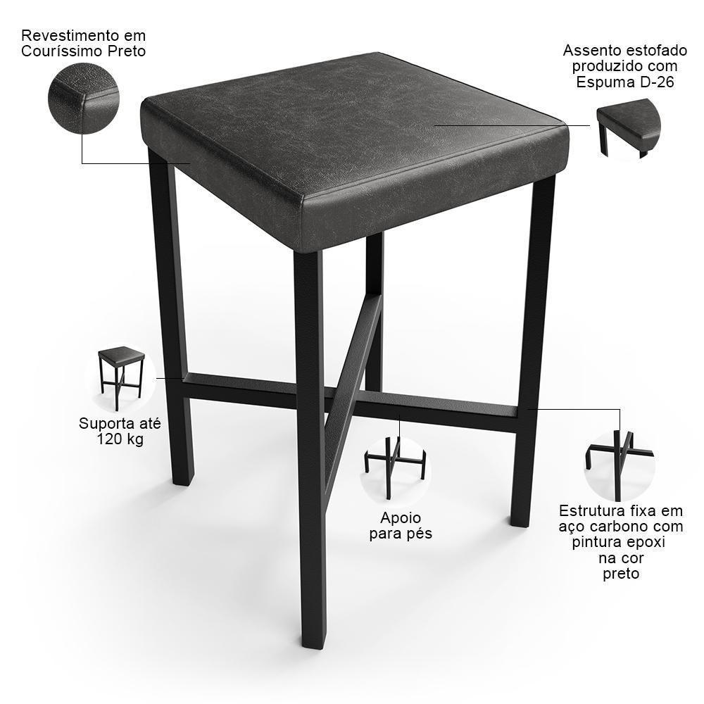 Kit 06 Banquetas Baixa Bar Cozinha Sala De Jantar Preto Stella L02 Couríssimo Preto - Lyam Decor - 4