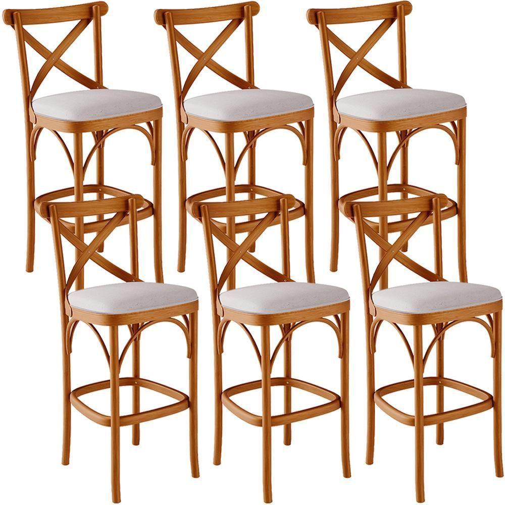 Kit 06 Banquetas Altas Cozinha Bancada Bar Sala De Jantar Estofada ávila L02 Linho Bege - Lyam - 1
