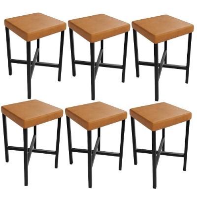 Kit 06 Banquetas Baixa Bar Cozinha Sala De Jantar Preto Stella L02 Couríssimo Canela - Lyam Decor