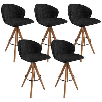 Kit 05 Banquetas Alta Mia L02 Assento em Linho Estrutura em Madeira com Encosto Cinza