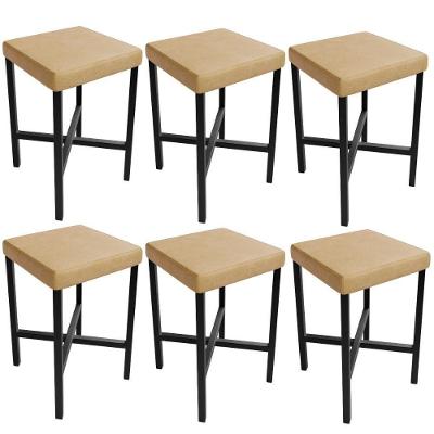 Kit 06 Banquetas Stella Assento Courino Base Aço Fixa sem Encosto Bege para Bar e Sala