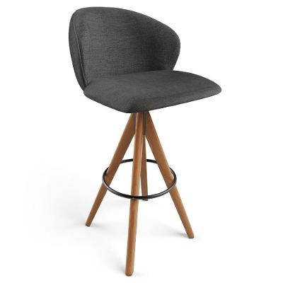 Banqueta Alta Mia L02 em Linho com Estrutura de Madeira com Encosto Fixo Cinza Escuro