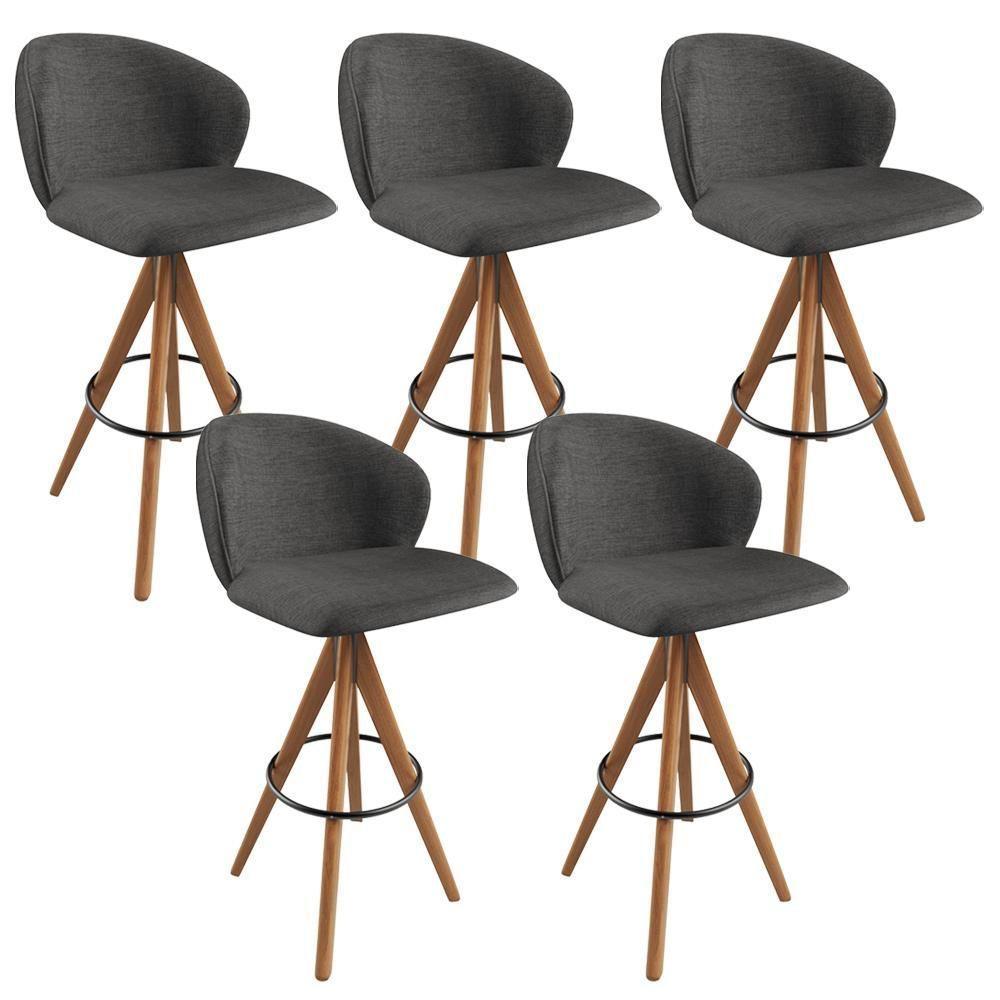 Kit 05 Banquetas Alta Bar Cozinha Sala De Jantar Bar Mia L02 Linho Cinza Escuro - Lyam Decor - 1