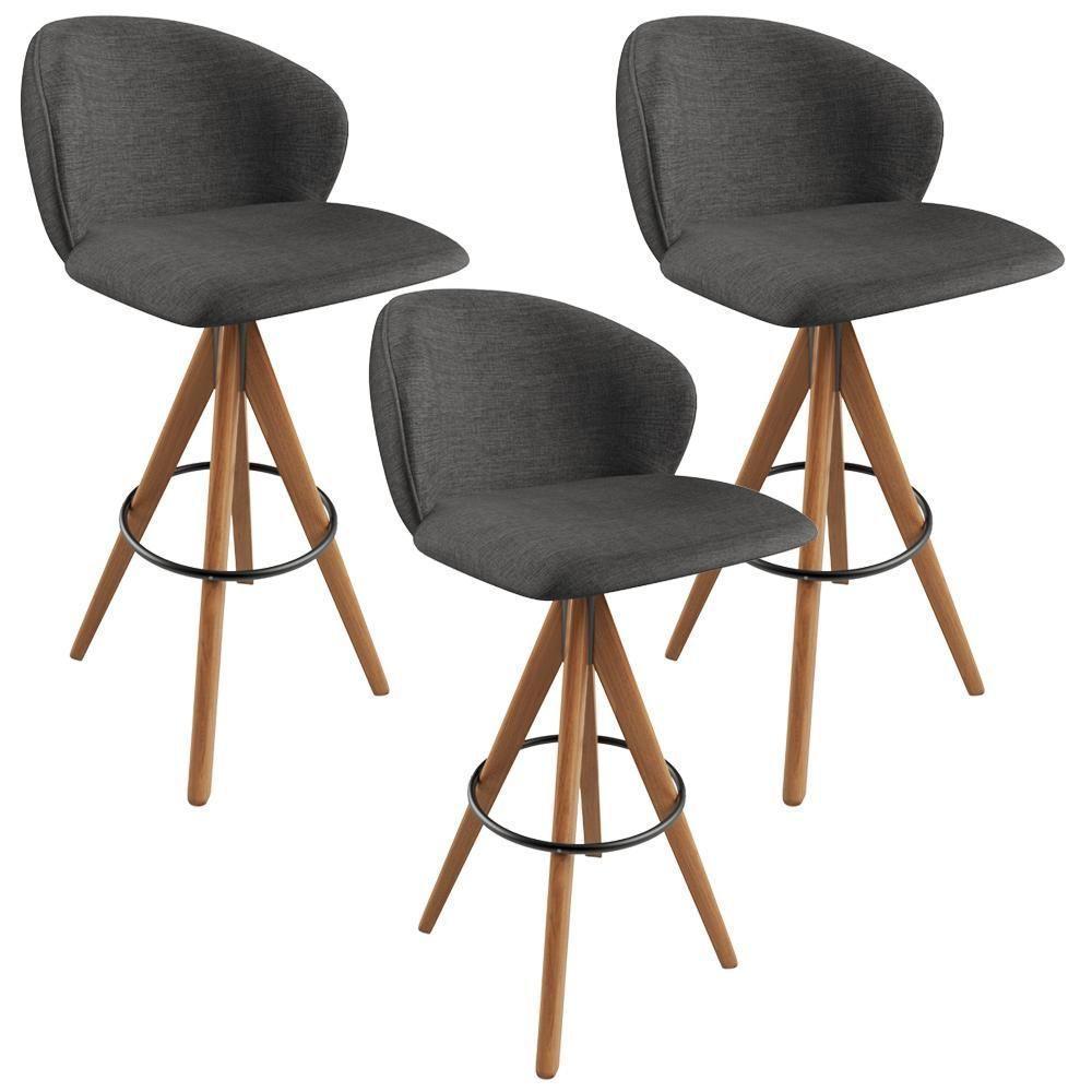 Kit 03 Banquetas Alta Bar Cozinha Sala De Jantar Bar Mia L02 Linho Cinza Escuro - Lyam Decor - 1