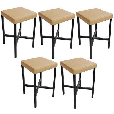 Kit 05 Banquetas Stella Assento em Courino Base em Aço Fixa Baixa Bege para Cozinha