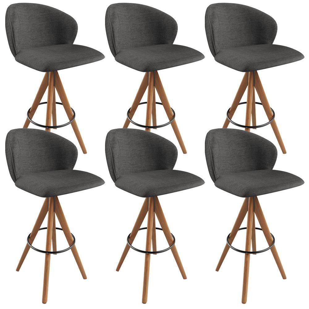 Kit 06 Banquetas Alta Bar Cozinha Sala De Jantar Bar Mia L02 Linho Cinza Escuro - Lyam Decor - 1
