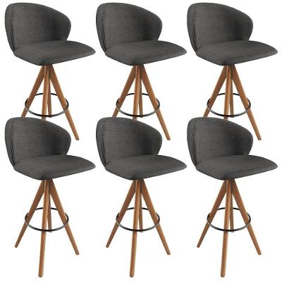 Kit 06 Banquetas Alta Mia L02 Assento em Linho Base em Madeira com Encosto Cinza Escuro
