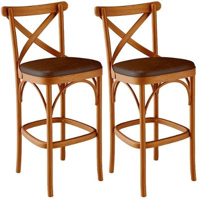 Kit 02 Banquetas Altas Ávila Assento Courino Estrutura Madeira Maciça Encosto Marrom