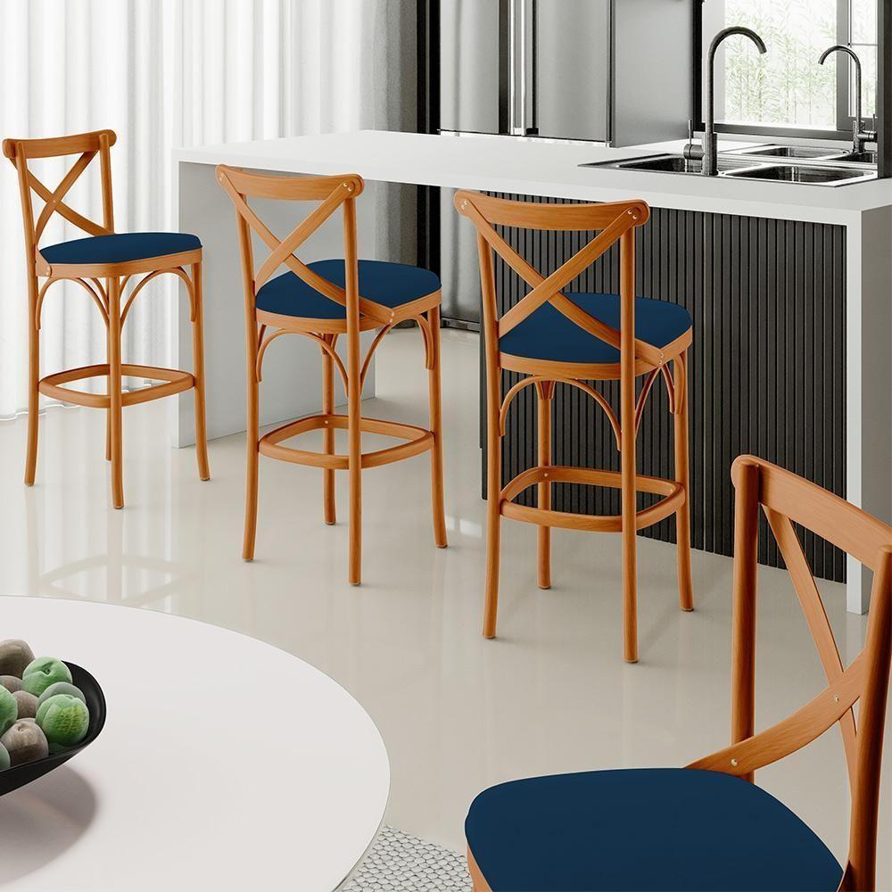 Kit 06 Banquetas Altas Cozinha Bancada Bar Sala Jantar Estofada ávila L02 Suede Azul Marinho - Lyam - 2