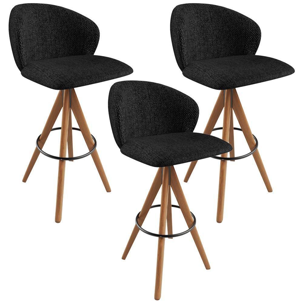 Kit 03 Banquetas Alta Bar Cozinha Sala De Jantar Bar Mia L02 Linho Chumbo - Lyam Decor - 1