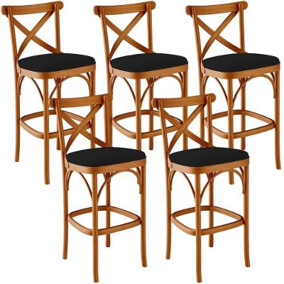 Kit 5 Banquetas Ávila Assento Tecido Base Madeira Encosto Alto 77 cm Preto para Bancada