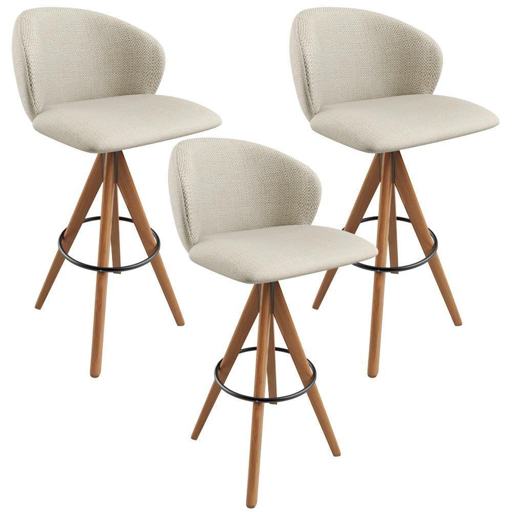 Kit 03 Banquetas Alta Bar Cozinha Sala De Jantar Bar Mia L02 Linho Champagne - Lyam Decor - 1