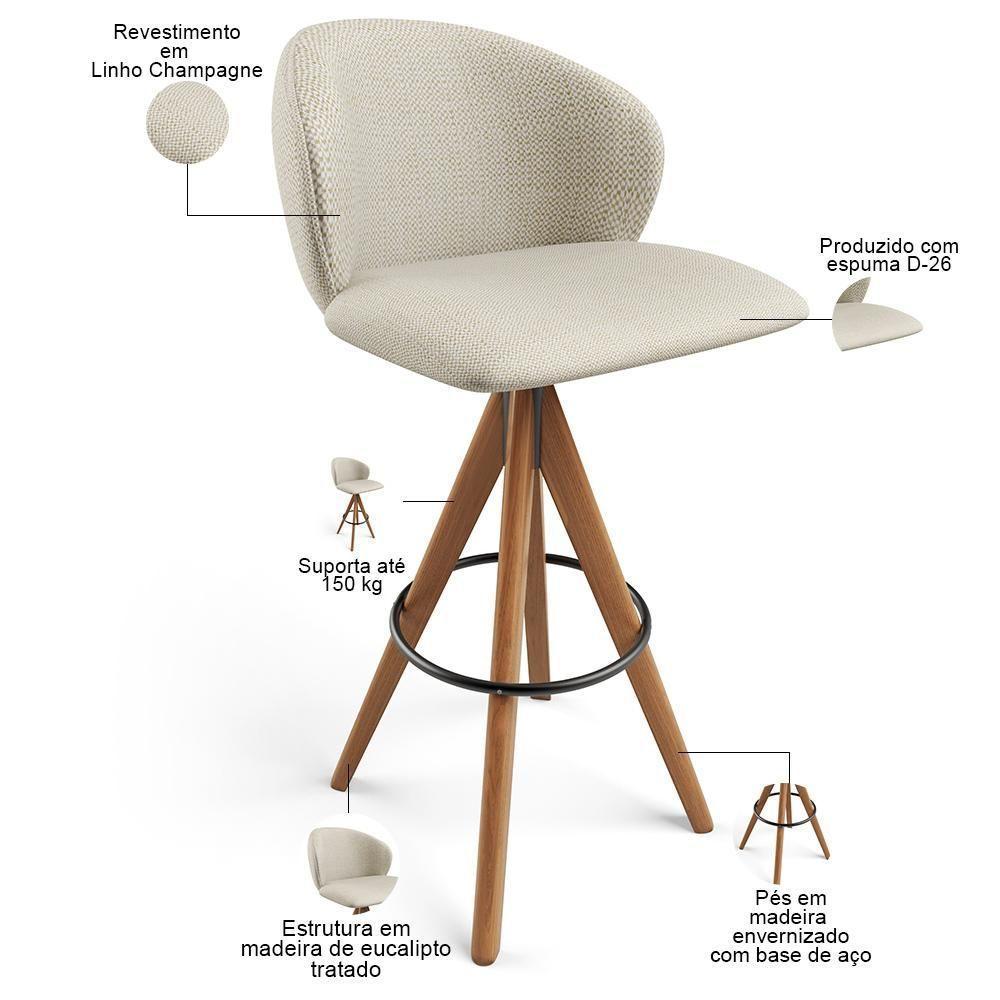 Kit 03 Banquetas Alta Bar Cozinha Sala De Jantar Bar Mia L02 Linho Champagne - Lyam Decor - 2