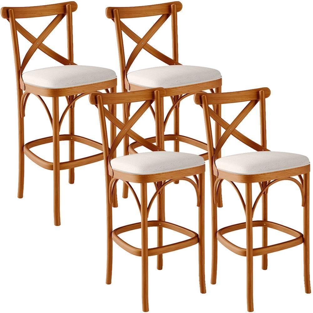 Kit 04 Banquetas Altas Cozinha Bancada Bar Sala De Jantar Estofada ávila L02 Linho Cru - Lyam - 1