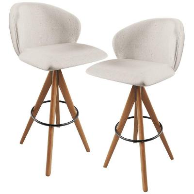 Kit 02 Banquetas Alta Mia L02 Assento em Linho Base em Madeira com Encosto Fixo Bege