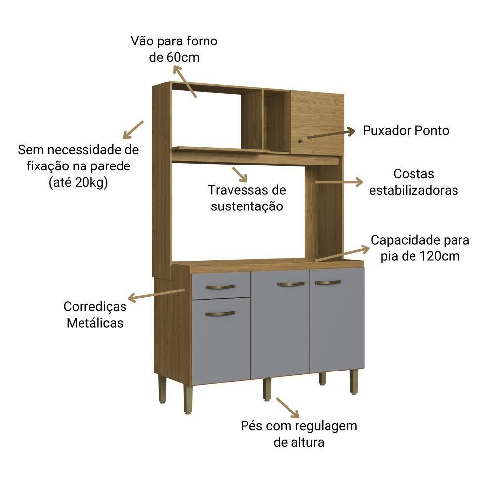 Cozinha Compacta 120cm 4 Portas E 1 Gaveta CO1202 Decibal Ipê Griseo - 4