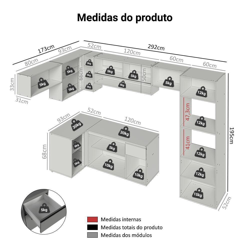 Armário De Cozinha Completa De Canto Suspenso 465cm Nice Madesa 06 Cinza - 3