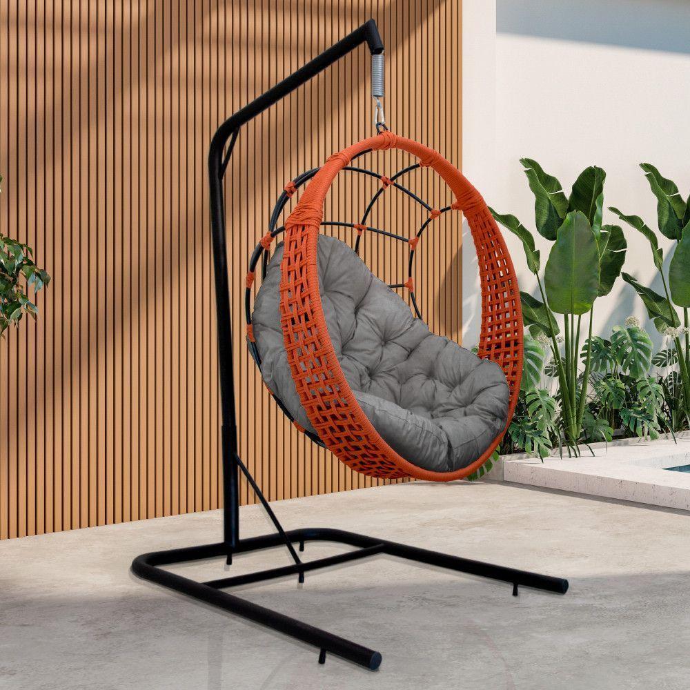 Cadeira Balanço Ninho Suspenso Em Corda Náutica Luxo Com Suporte Ocre-cinza - 1