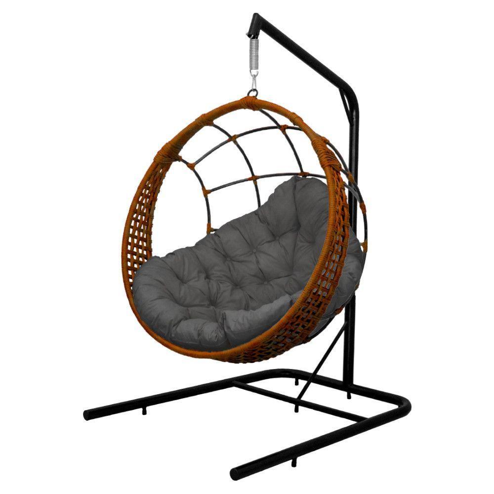 Cadeira Balanço Ninho Suspenso Em Corda Náutica Luxo Com Suporte Ocre-cinza - 2
