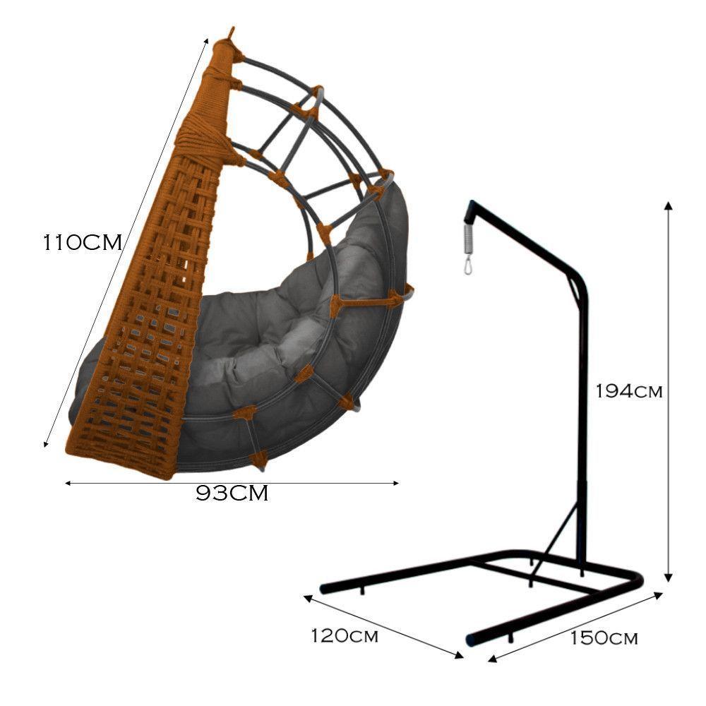 Cadeira Balanço Ninho Suspenso Em Corda Náutica Luxo Com Suporte Ocre-cinza - 3