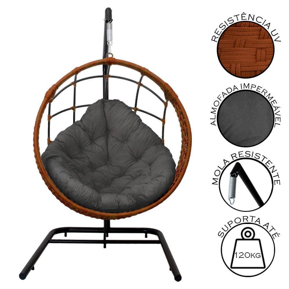 Cadeira Balanço Ninho Suspenso Em Corda Náutica Luxo Com Suporte Ocre-cinza - 4