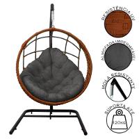 Cadeira Balanço Ninho Suspenso Em Corda Náutica Luxo Com Suporte Ocre-cinza