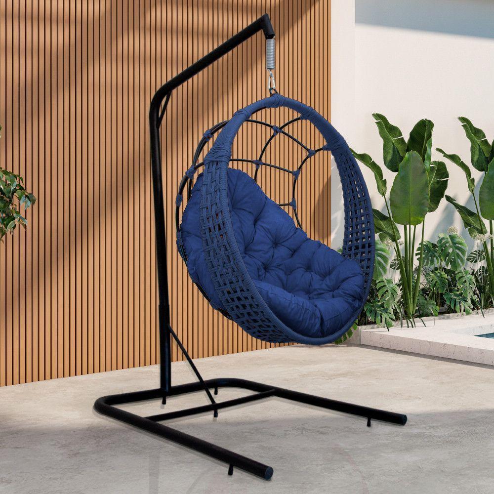 Cadeira Balanço Ninho Suspenso Em Corda Náutica Luxo Com Suporte Azul-azul - 1