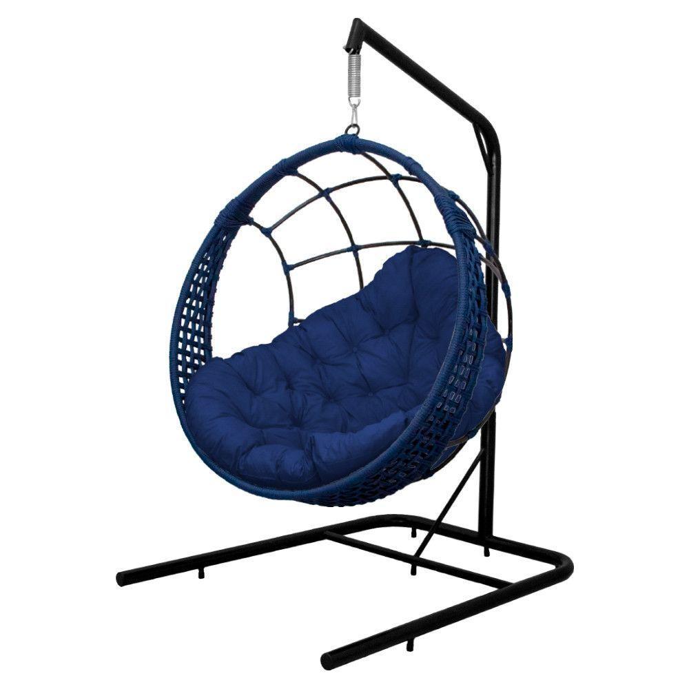 Cadeira Balanço Ninho Suspenso Em Corda Náutica Luxo Com Suporte Azul-azul - 2
