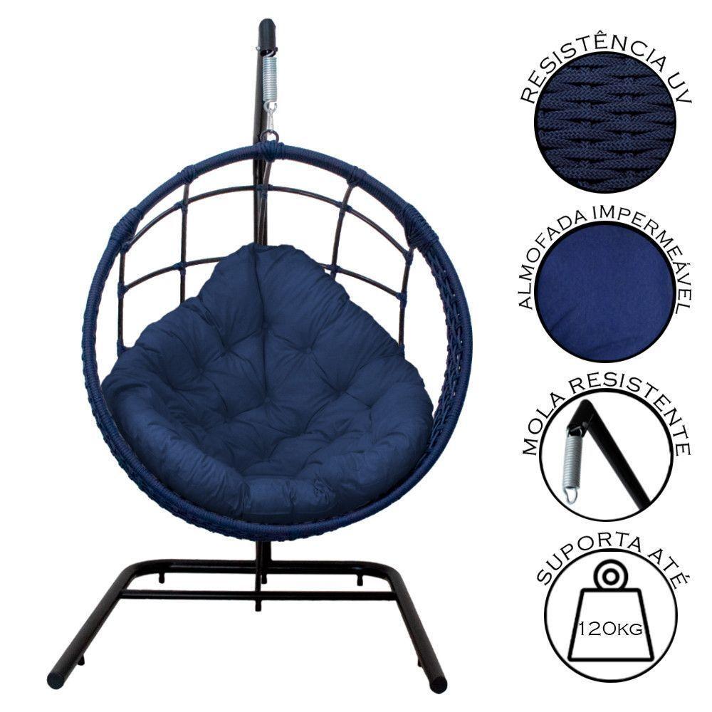 Cadeira Balanço Ninho Suspenso Em Corda Náutica Luxo Com Suporte Azul-azul - 4