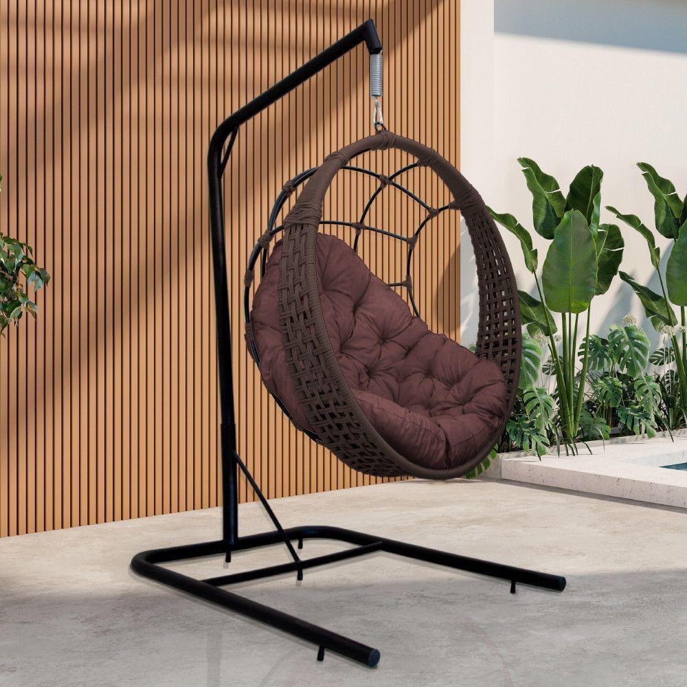 Cadeira Balanço Ninho Suspenso Em Corda Náutica Luxo Com Suporte Marrom - 1