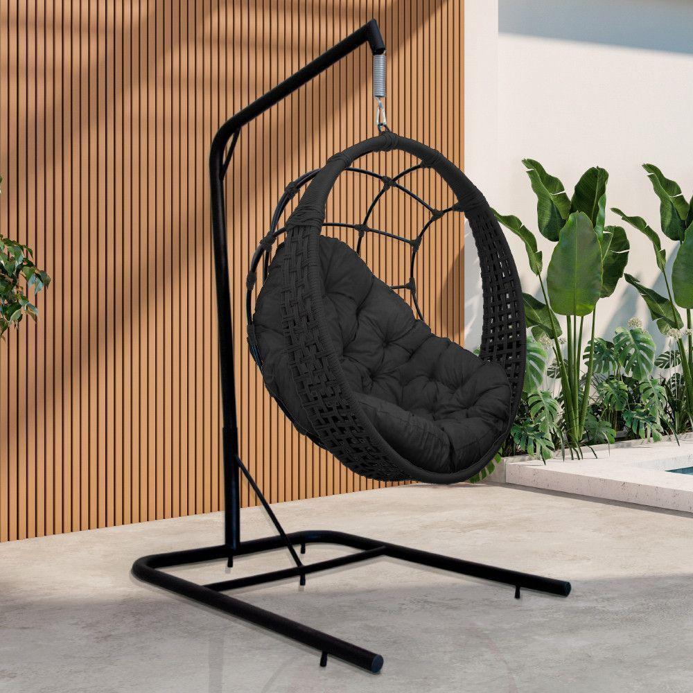 Cadeira Balanço Ninho Suspenso Em Corda Náutica Luxo Com Suporte Preto - 1