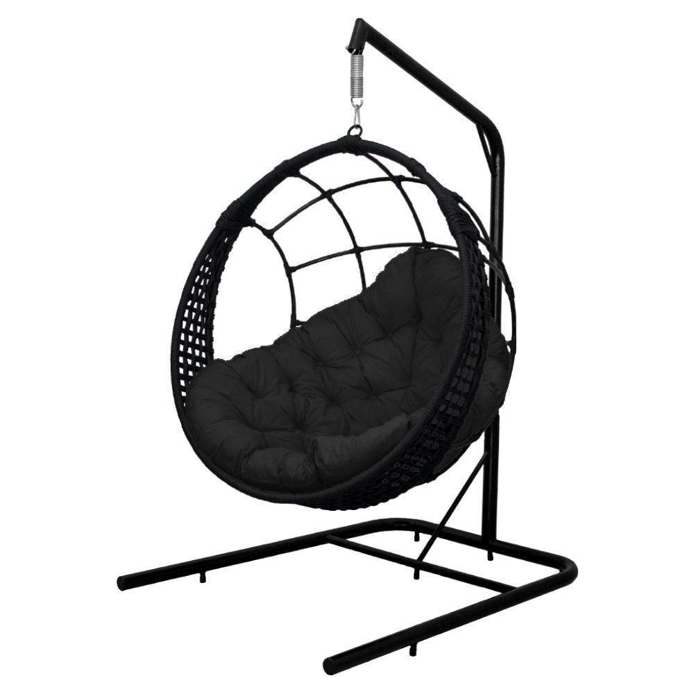 Cadeira Balanço Ninho Suspenso Em Corda Náutica Luxo Com Suporte Preto - 2