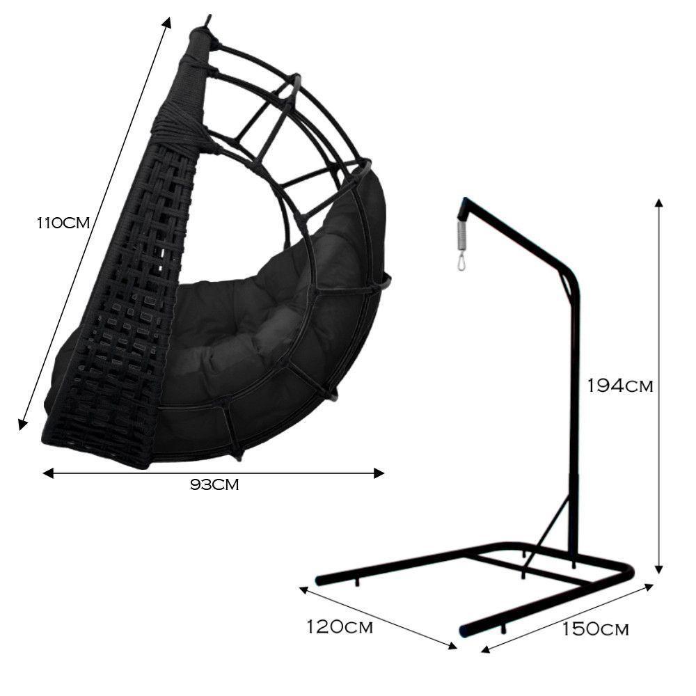 Cadeira Balanço Ninho Suspenso Em Corda Náutica Luxo Com Suporte Preto - 3