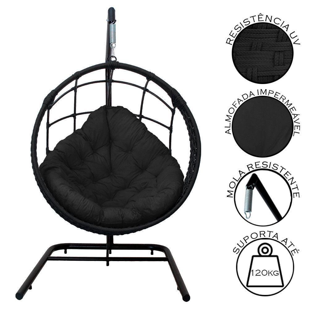 Cadeira Balanço Ninho Suspenso Em Corda Náutica Luxo Com Suporte Preto - 4