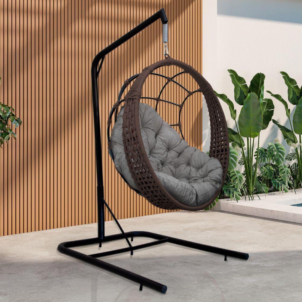 Cadeira Balanço Ninho Suspenso Em Corda Náutica Luxo Com Suporte Marrom-cinza - 1