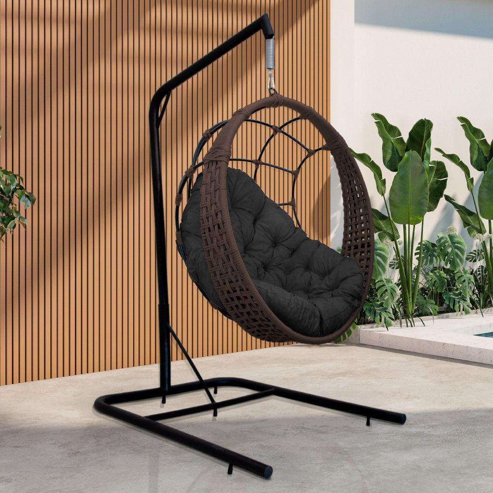 Cadeira Balanço Ninho Suspenso Em Corda Náutica Luxo Com Suporte Marrom-preto - 1