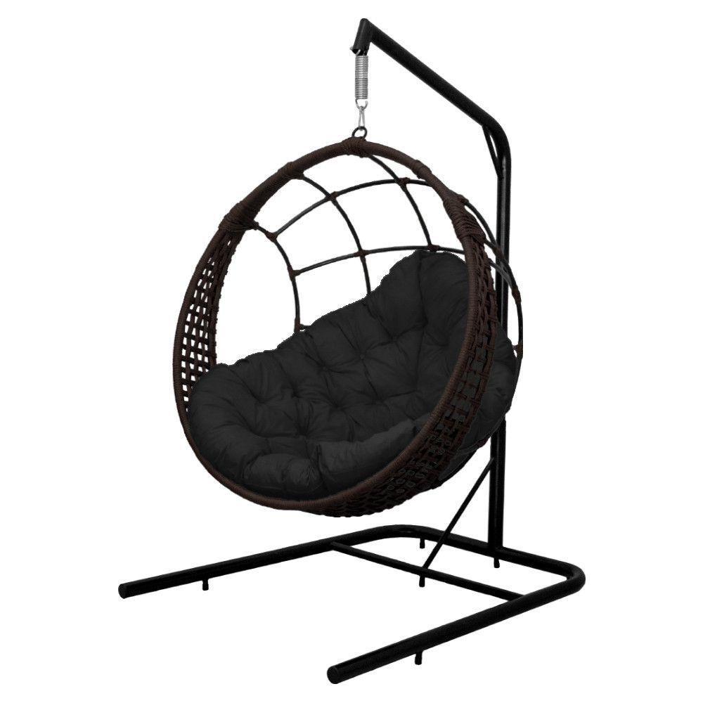 Cadeira Balanço Ninho Suspenso Em Corda Náutica Luxo Com Suporte Marrom-preto - 3